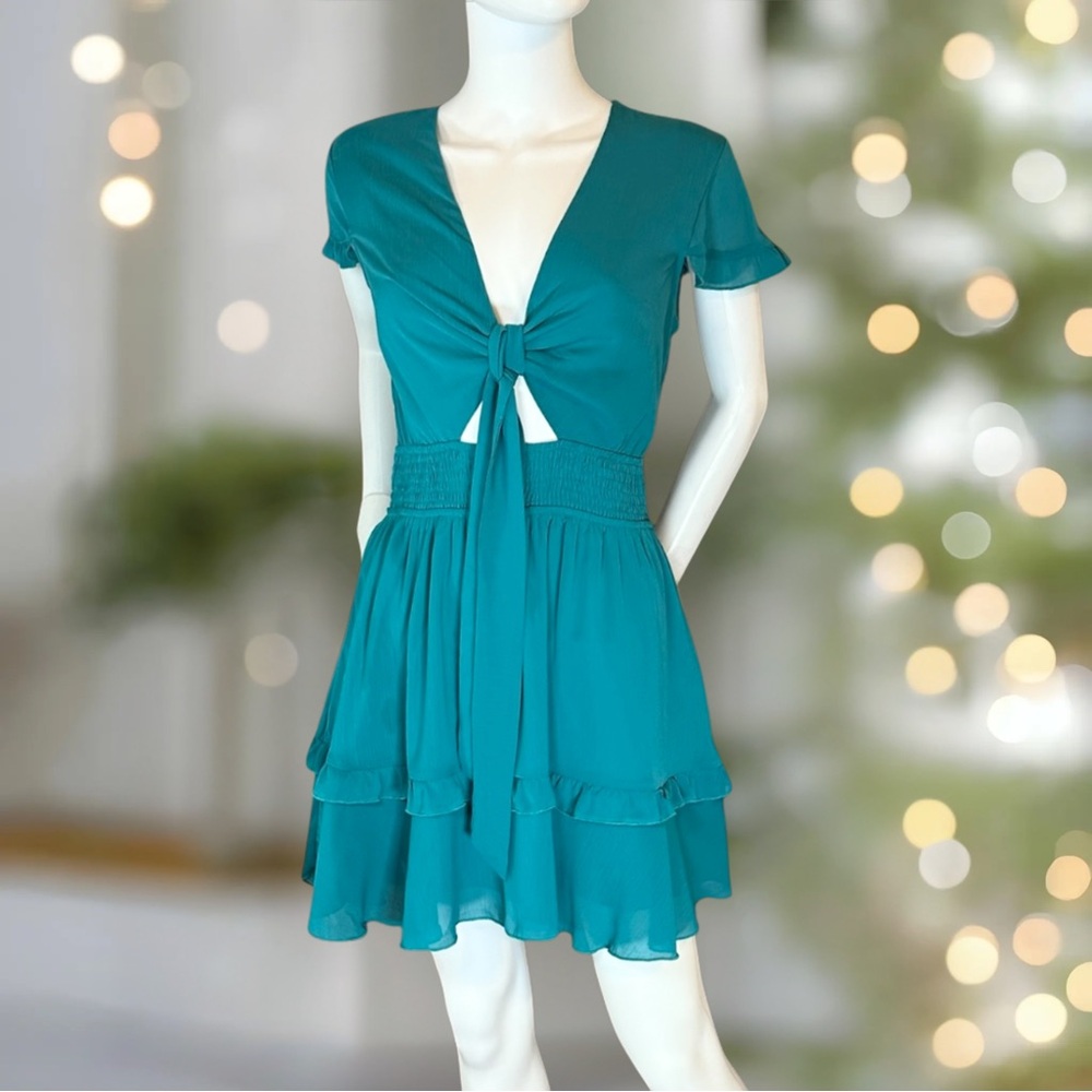 Women's Pretty Garden Teal Green Tie-Front Midi Dress Size‎ Medium NWT!